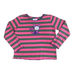 Hanna Anderson Pink and Green Striped Cat Appliqué Long Sleeve [K37]